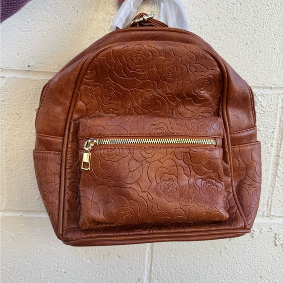Embossed Floral Brown Backpack - Picture 1 of 5